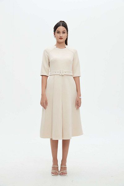Nichii Solid 3/4 Sleeve Midi Dress with Waist Belt
