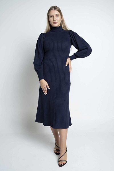 Nichii Women's Ribbed Midi Dress with Long Sleeves