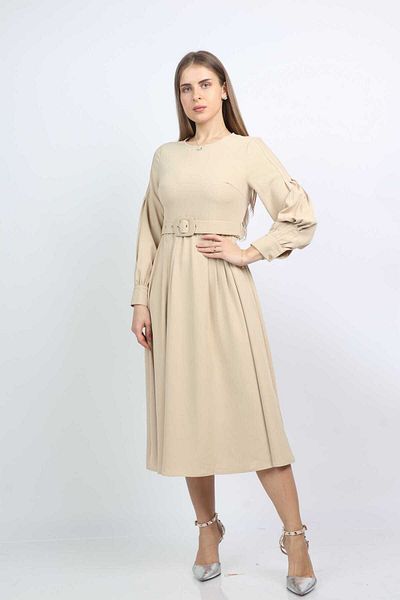 Nichii Women's Midi Dress with Waist Belt and Puffed Long Sleeves