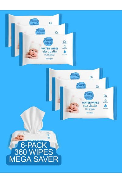 Mamy Wipes Water Wipes, 6 x 60 Wipes (360 Total) – 99.9% Water, Mega Saver