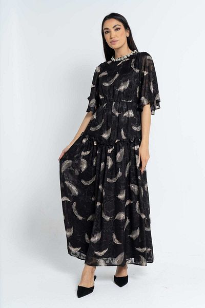 Nichii Women's Maxi Dress with Butterfly Sleeves and Feather Print