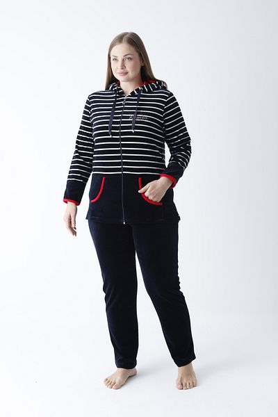 ROMEO LİFE Women's Plus Size Striped Cotton Hooded Velvet Sweatpants Set 2008-B