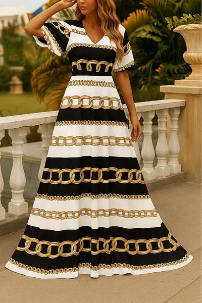 Viyamo New Season Women's Short Sleeve V Neck Patterned Stylish Long Dress