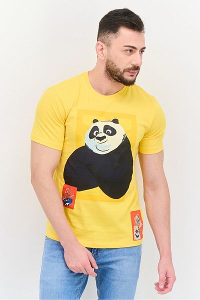 Kung-Fu Panda Men Round Neck Short Sleeves Panda Print T-Shirt, Yellow
