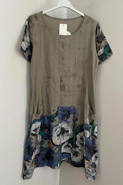 AYASOFYA OTANTIK Women's Italian Mink Wildflowers Pattern Short Sleeve Cotton Midi Dress with Bag Pocket