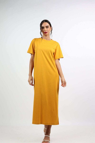 Nichii Simple Midi Dress with Side Slits and Short Sleeves -
