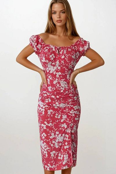 ÇEÇİM Women's Patterned Off-The-Shoulder Summer Women's Dress Hyn-58065