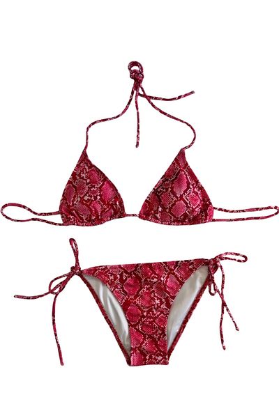hazelin Women's Red Snakeskin Pattern Halter Neck Tie-Up Triangle Bikini Set Hzl25S-Lc5005