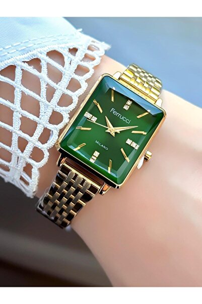 Ferrucci Milano Kadın Kol Saati – Yeşil Taşlı Kadran, Kesme Cam, Dikdörtgen Kasa, Altın Metal Kordon