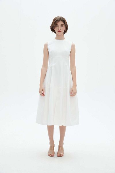 Nichii Sleeveless Ruffled Midi Dress with Front Slit and Round Neck