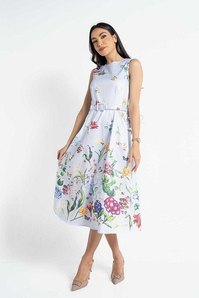 Nichii Floral Sleeveless Midi Dress with Waist Belt