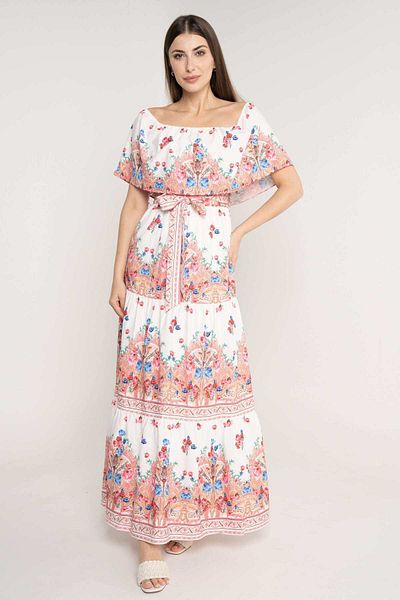 Nichii Floral Maxi Dress with Belt, Short Sleeves & Square Neckline