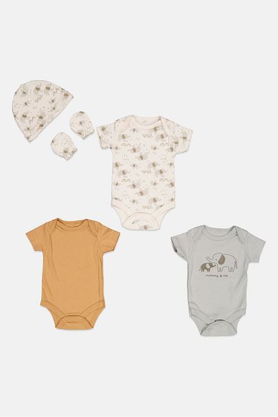 Dream Gro Toddlers Boy 5 Pieces Printed Short Sleeves Bodysuits Set, White