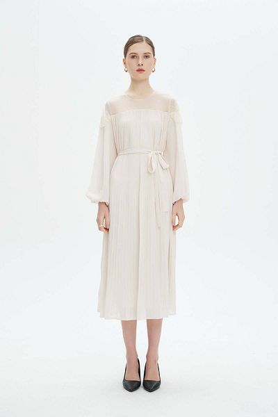 Nichii Women's Long Sleeve Midi Dress with Fitted Pleats