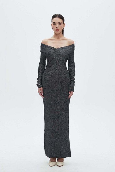 Nichii Long Off-Shoulder Dress with Long Sleeves and Boat Neck