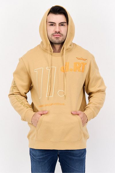 DRT Men Hooded Brand Logo Long Sleeves Sweatshirt, Beige