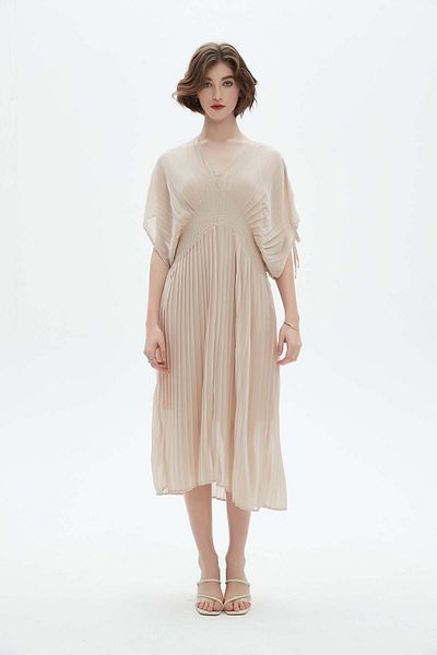 Nichii Women's Midi Dress with Short Sleeves and Pleated Butterfly Design