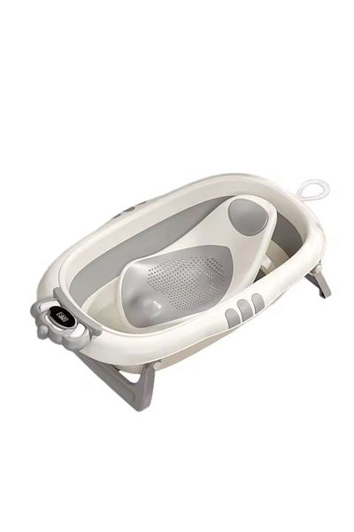 Little Mom Set Cadita pliabila pentru copii Little Mom Crown Grey, termometru incorporat cu display digital, si