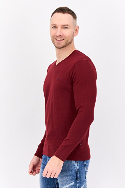 Nautica Navtech By Men V-Neck Embroidered Logo Long Sleeve Sweater, Maroon