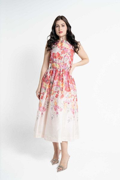 Nichii Floral Print Sleeveless Midi Dress with Elastic Waist