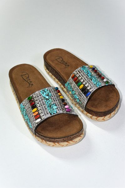 SUNSTEP Ethnic Patterned Striped Gray Beaded Women's Slippers – Summer Casual Platform Slippers