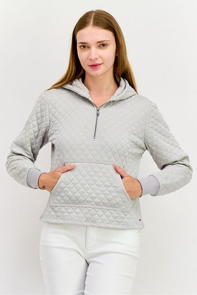 Nphilanthropy Women Quilted Half Zip Hooded Sweatshirt, Light Grey