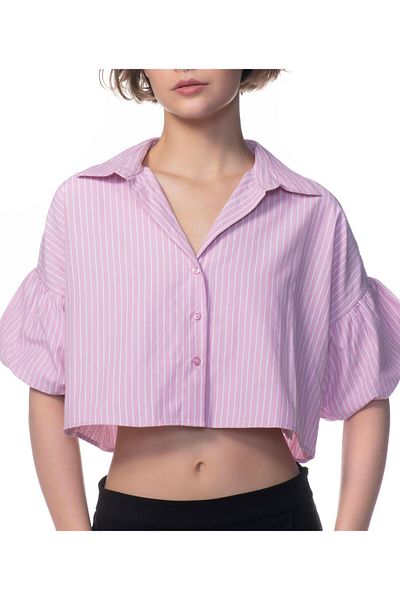 Appleline Women's Sleeve Detailed Oversize Poplin Crop Shirt Pink