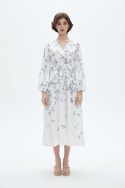 Nichii Floral Midi Dress with Long Wide Sleeves and V-Neck