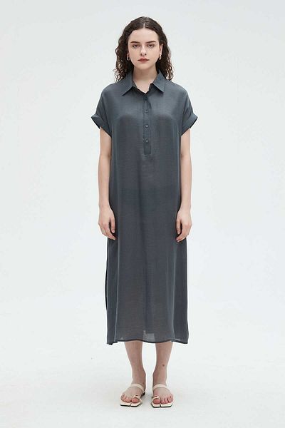 Nichii Women's Solid Midi Dress with Half Sleeves, Collar, and Buttons
