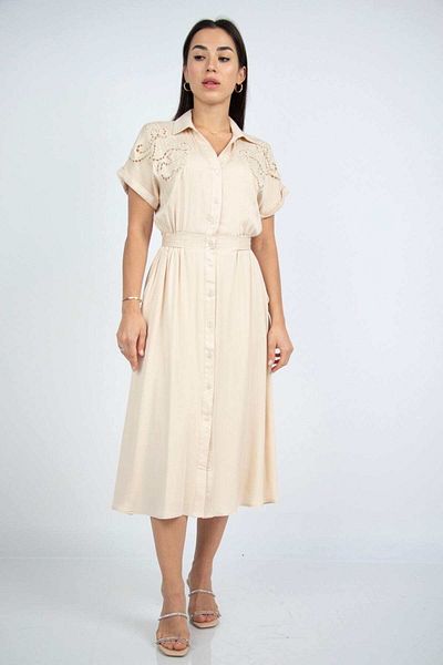 Nichii Women's Midi Shirt Dress with Front Buttons and Hidden Waist Belt, Short Sleeve