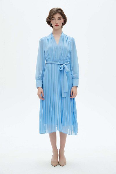 Nichii V-Neck Long Sleeve Belted Midi Dress