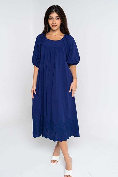 Nichii Women's Solid Midi Dress with 3/4 Sleeves and Round Neck