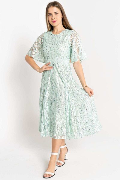 Nichii Womens' Midi Dress with Butterfly Sleeves and Round Neckline