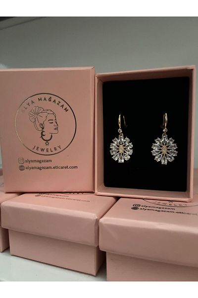 alyamagazam Gold Color Flower Figured Jewelled Hanging Evening Dress Earrings (Pair)