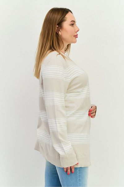 Verve Ami Women Split Neck Stripe Cardigan, Oatmeal Combo
