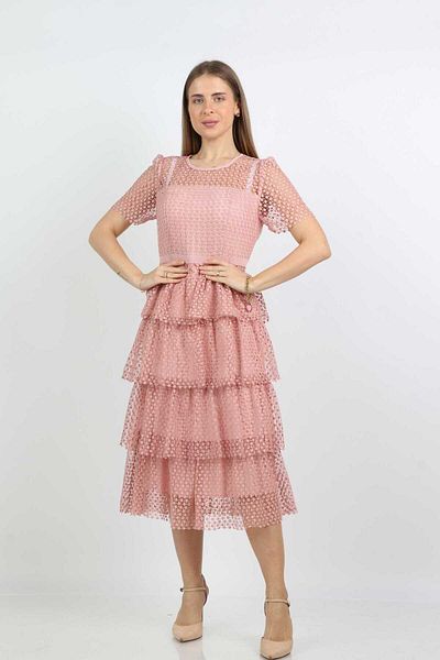 Nichii Lace Ruffled Midi Dress with Short Sleeves