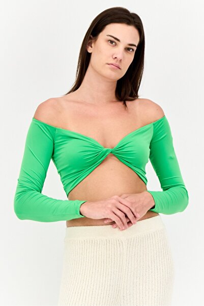 A.FRM Women Off Shoulder Neckline Long Sleeve Plain Cropped Top, Green