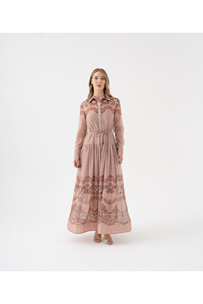 SERPİL Şerit Desenli Gömlek Yaka Kuşaklı Uzun Elbise