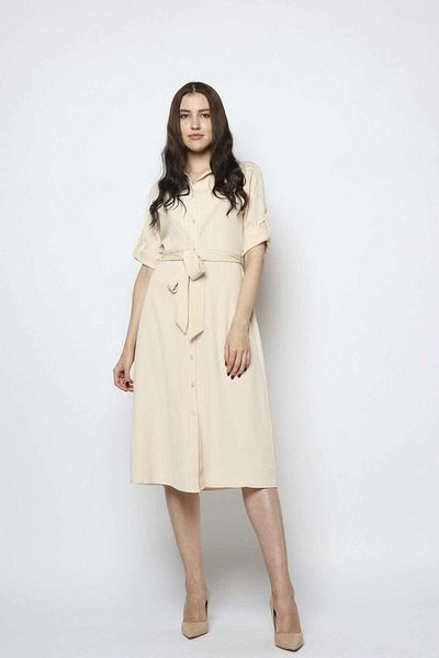 Nichii Short Sleeve Shirt Dress with Waist Tie - Midi Dress