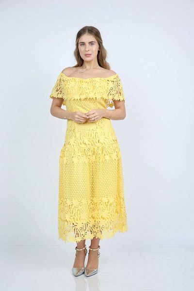 Nichii Embroidered Off-Shoulder Midi Dress with Short Sleeves