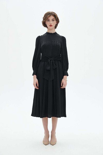 Nichii Ruffled Long Sleeve Midi Dress with Round Neck