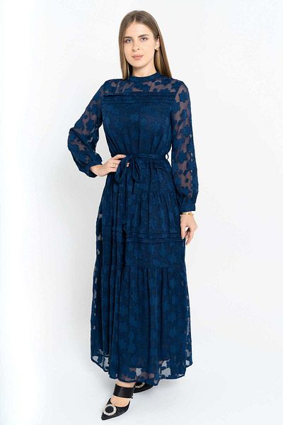 Nichii Women's Sheer Maxi Dress with Waist Tie and Long Sleeves