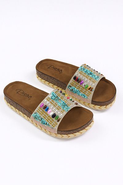 SUNSTEP Ethnic Patterned Striped Pink Beaded Women's Slippers – Summer Casual Platform Slippers