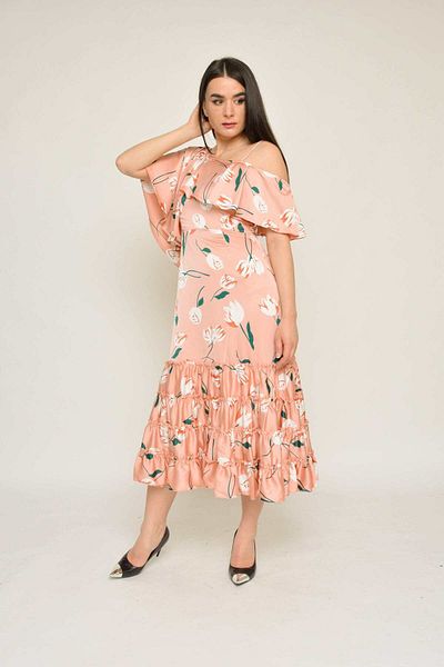 Nichii Floral Print Midi Dress with One Shoulder and Short Sleeves