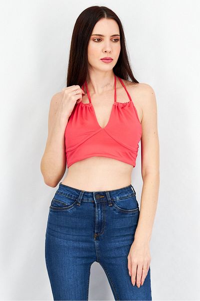 Sinsay Women Halter Neck Sleeveless Open Back Crop Top, Hot Pink