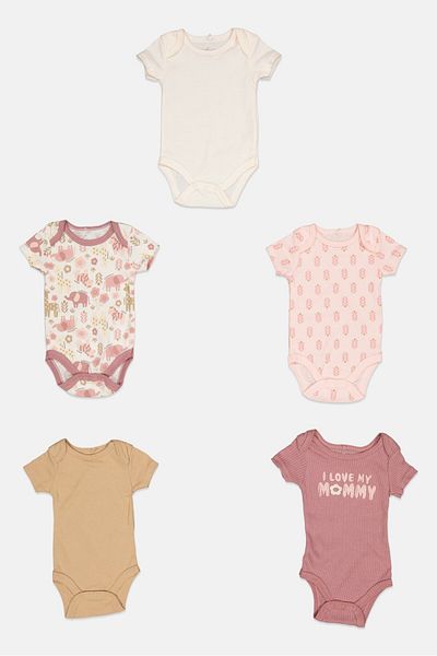 Dream Gro Toddlers Girl 5 Pcs Floral Print Bodysuits, Pink