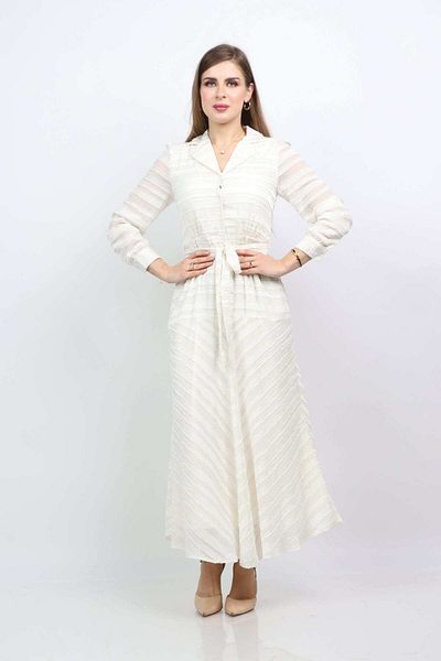 Nichii Long Ribbed Dress with Waist Tie and Seven-Button Long Sleeves