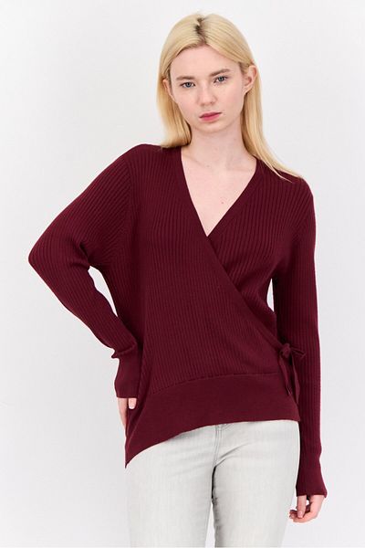 Luxe by Tricot Women V-Neck Textured Wrap Sweater, Maroon