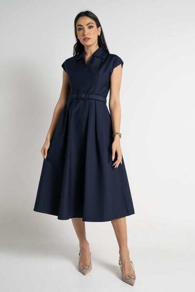 Nichii Women's Short Sleeve Midi Dress with Wide Collar