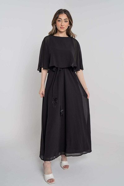 Nichii Women's Long Half-Sleeve Dress with Waist Tie